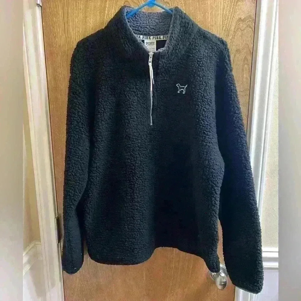 Victoria’s Secret PINK Black 1/4 Zip Pullover Sherpa Fleece Dog Logo Glitter L